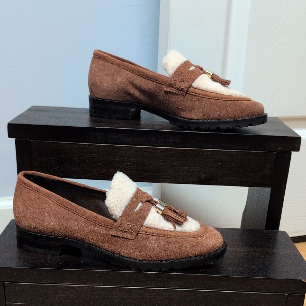 Talbots Cassidy Tassle Brown Suede Cream Sherpa Leather Loafers Size 7M NEW